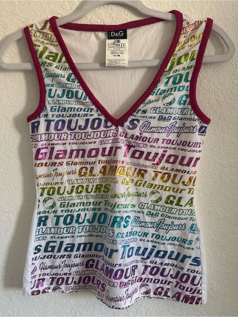 D&G White Tank Top with Rainbow Logo and Magenta Trim